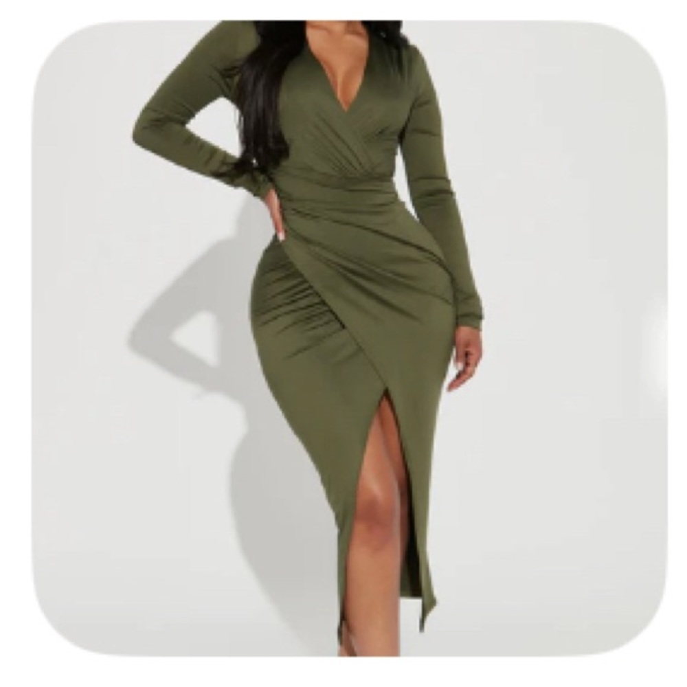 Fashion Nova Olive Long Sleeve Wrap Dress